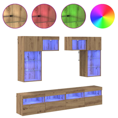 vidaXL TV-Wandgeräte mit LED-Lichtleisten 6 pcs Altholz Holzwerkstoff