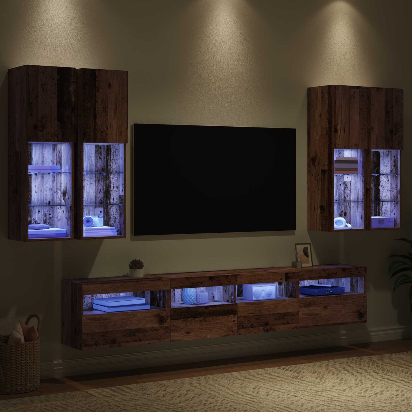 vidaXL TV-Wandschrank-Set mit LED-Lichtern Wandmontiert 7 pcs Altholz