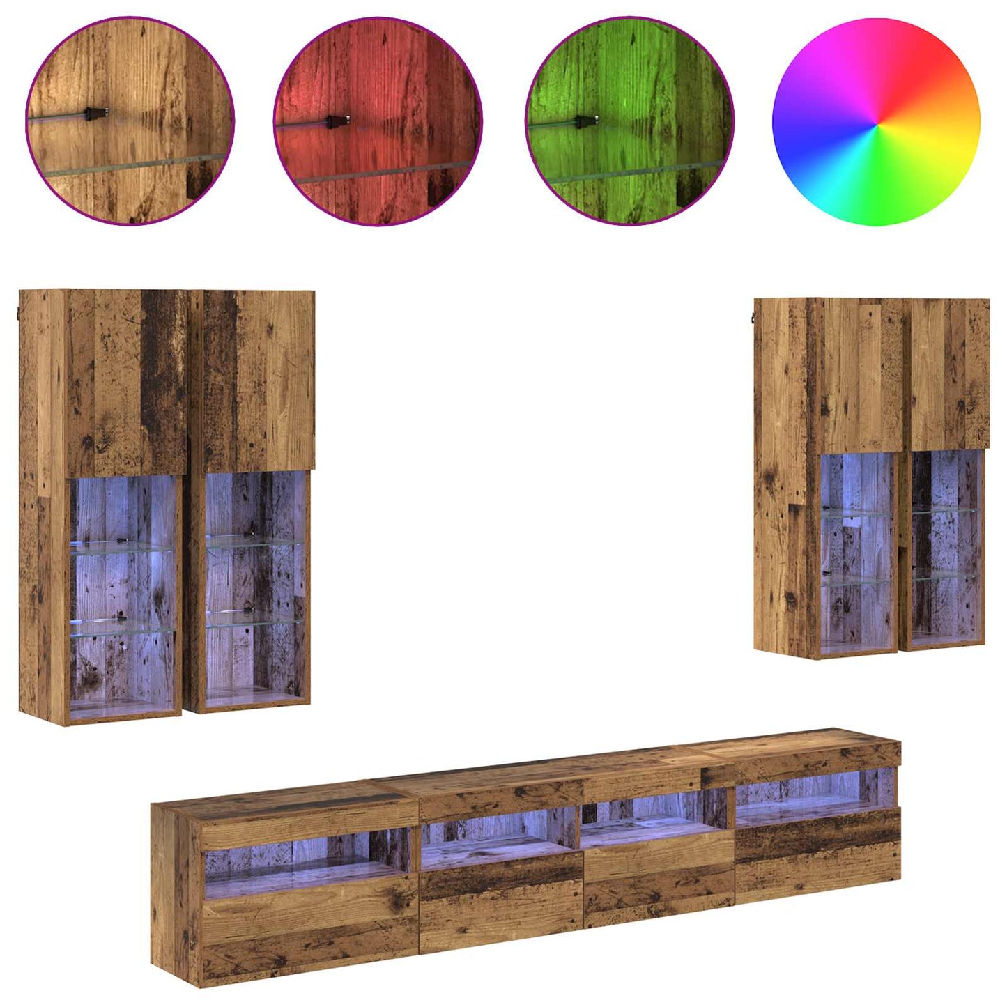 vidaXL TV-Wandschrank-Set mit LED-Lichtern Wandmontiert 7 pcs Altholz