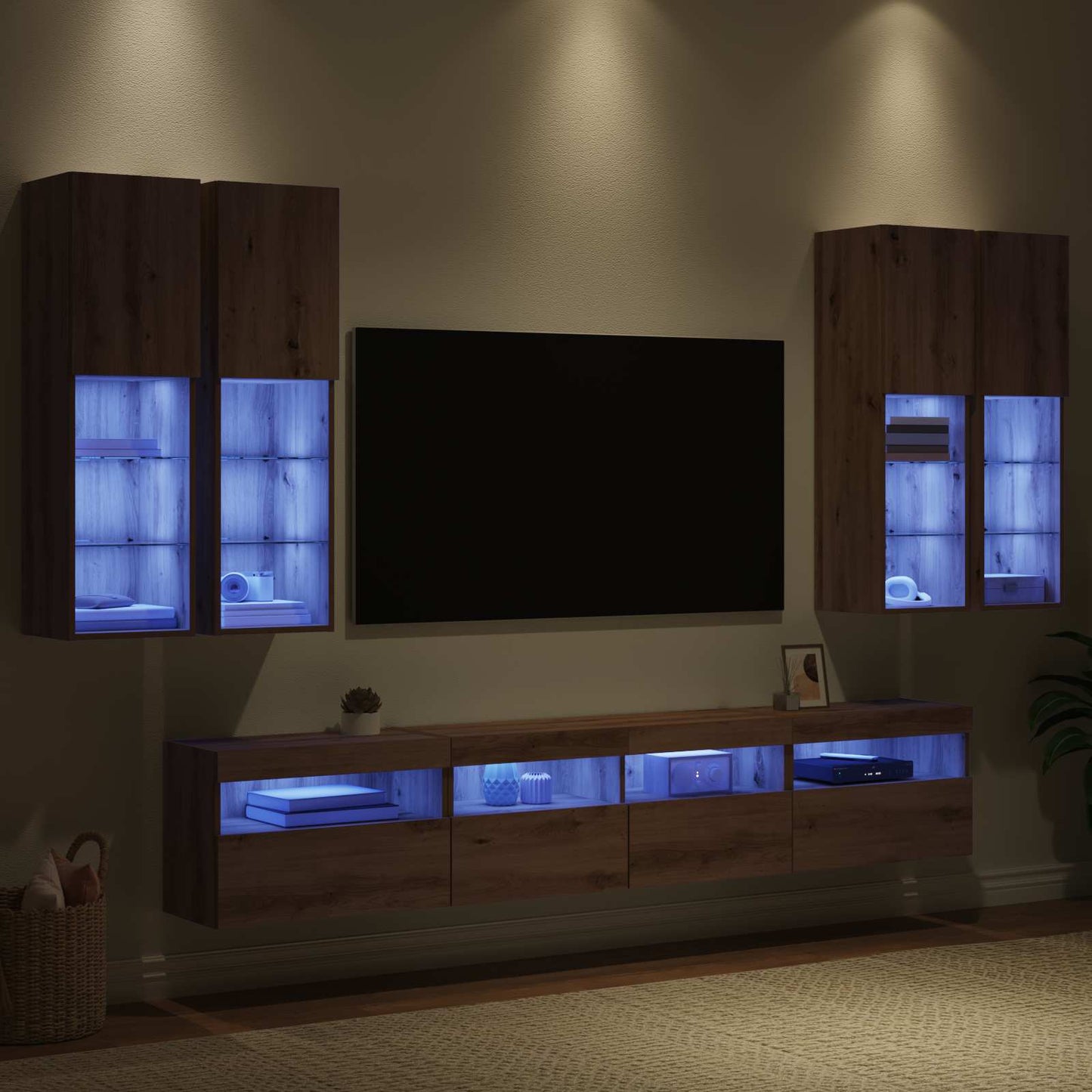 vidaXL Meuble TV mural avec lumières LED 7 pcs Chêne Artisan