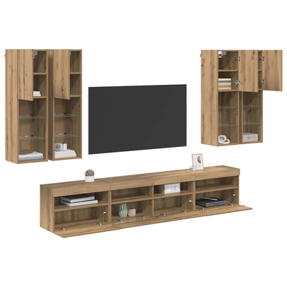 vidaXL Meuble TV mural avec lumières LED 7 pcs Chêne Artisan