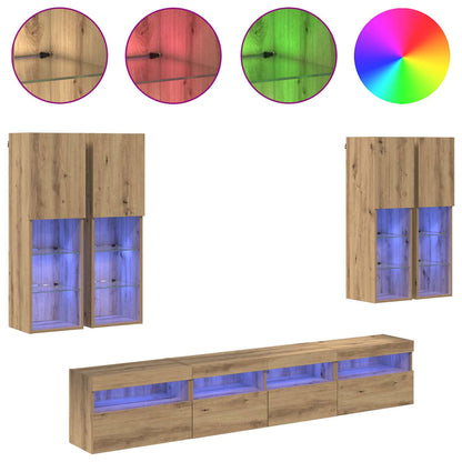 vidaXL Meuble TV mural avec lumières LED 7 pcs Chêne Artisan