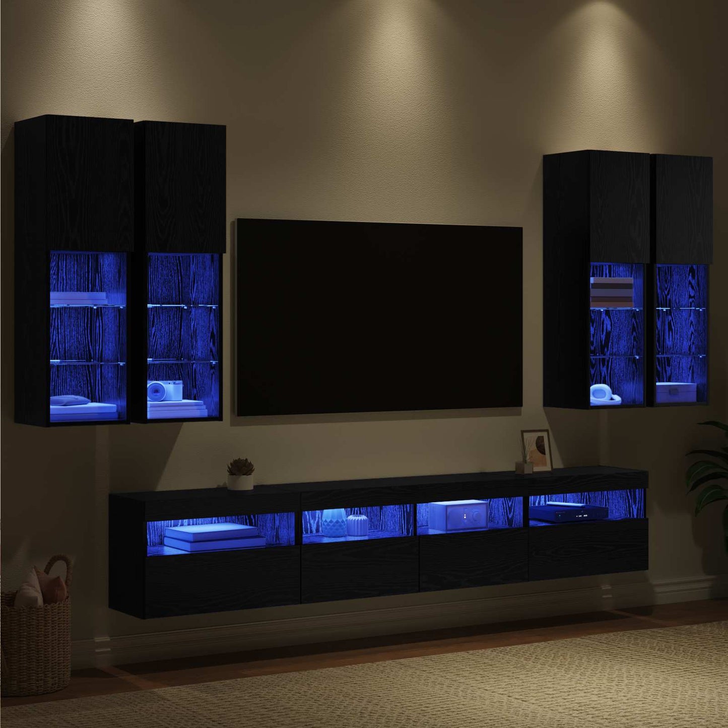 vidaXL TV-Wandschrank-Set mit LED-Lichtern 7 pcs Schwarz Eichen-Optik