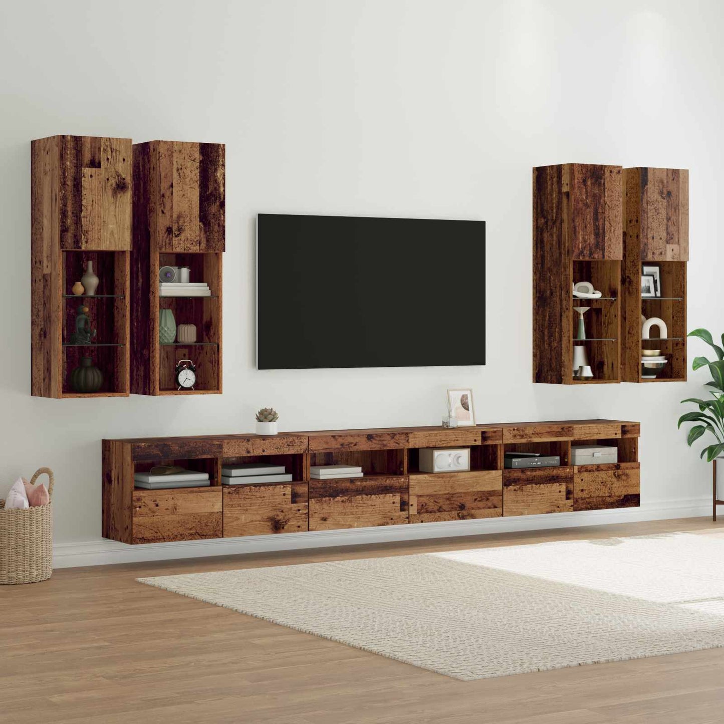 vidaXL TV-Wandregal-Set Wandmontiert 7 pcs Altholz Holzwerkstoff