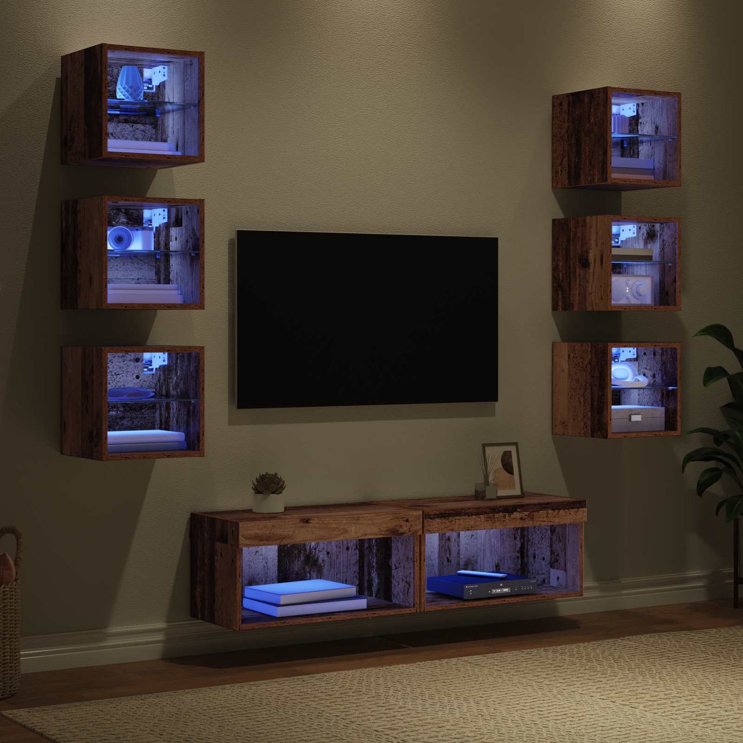 vidaXL Meuble TV avec bandes LED mural 8 pcs bois de récupération verre
