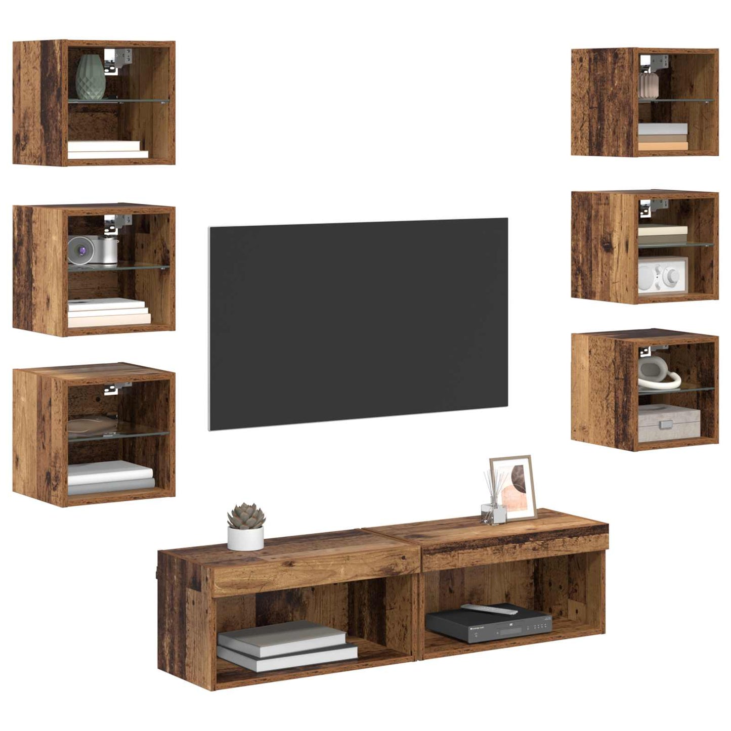 vidaXL Meuble TV avec bandes LED mural 8 pcs bois de récupération verre