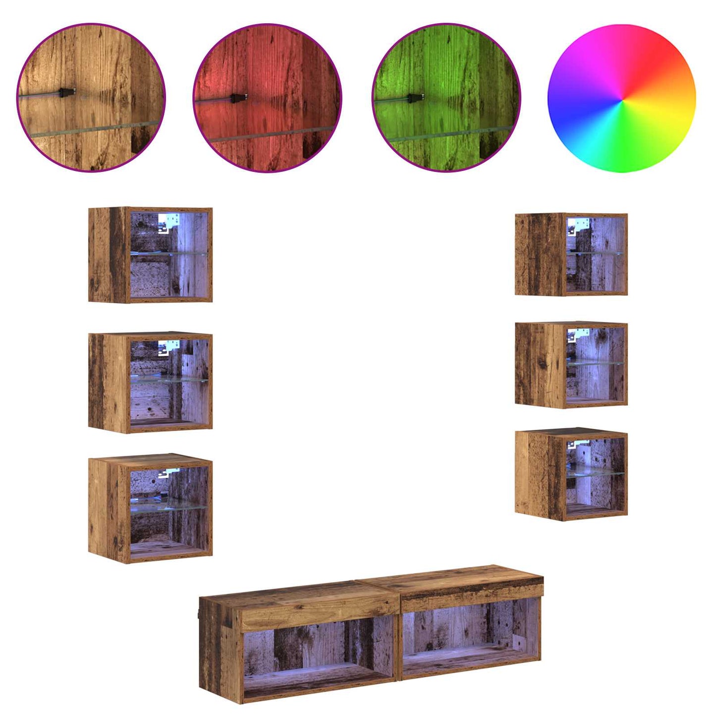vidaXL Meuble TV avec bandes LED mural 8 pcs bois de récupération verre