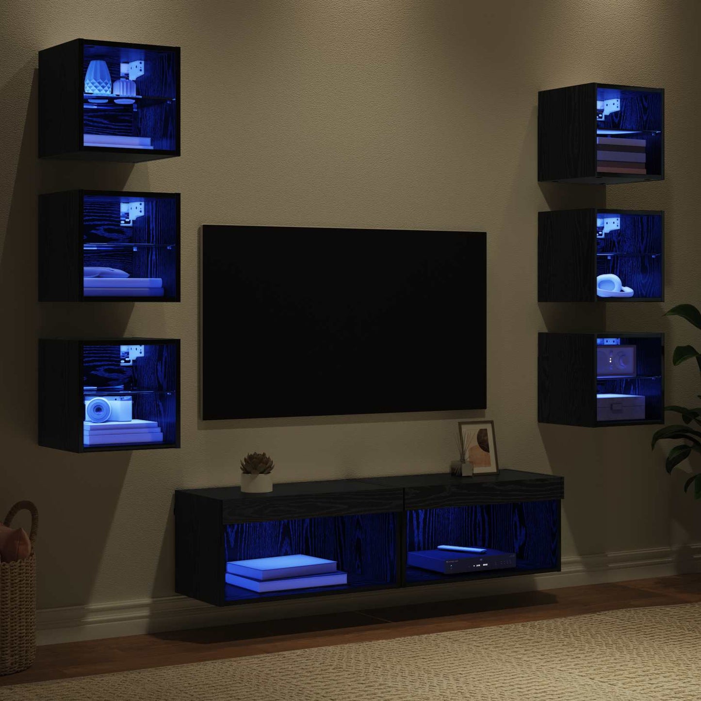 vidaXL Meuble TV avec bandes LED 8 pcs Noir finition chêne Verre