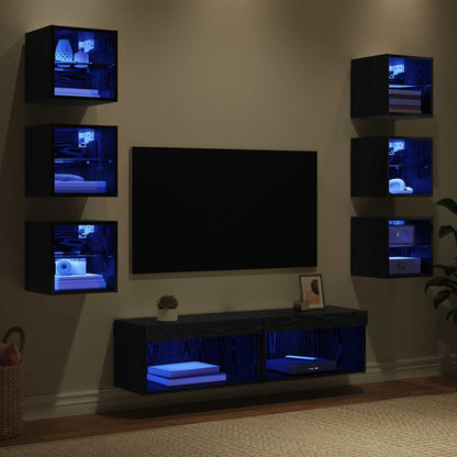vidaXL Meuble TV avec bandes LED 8 pcs Noir finition chêne Verre