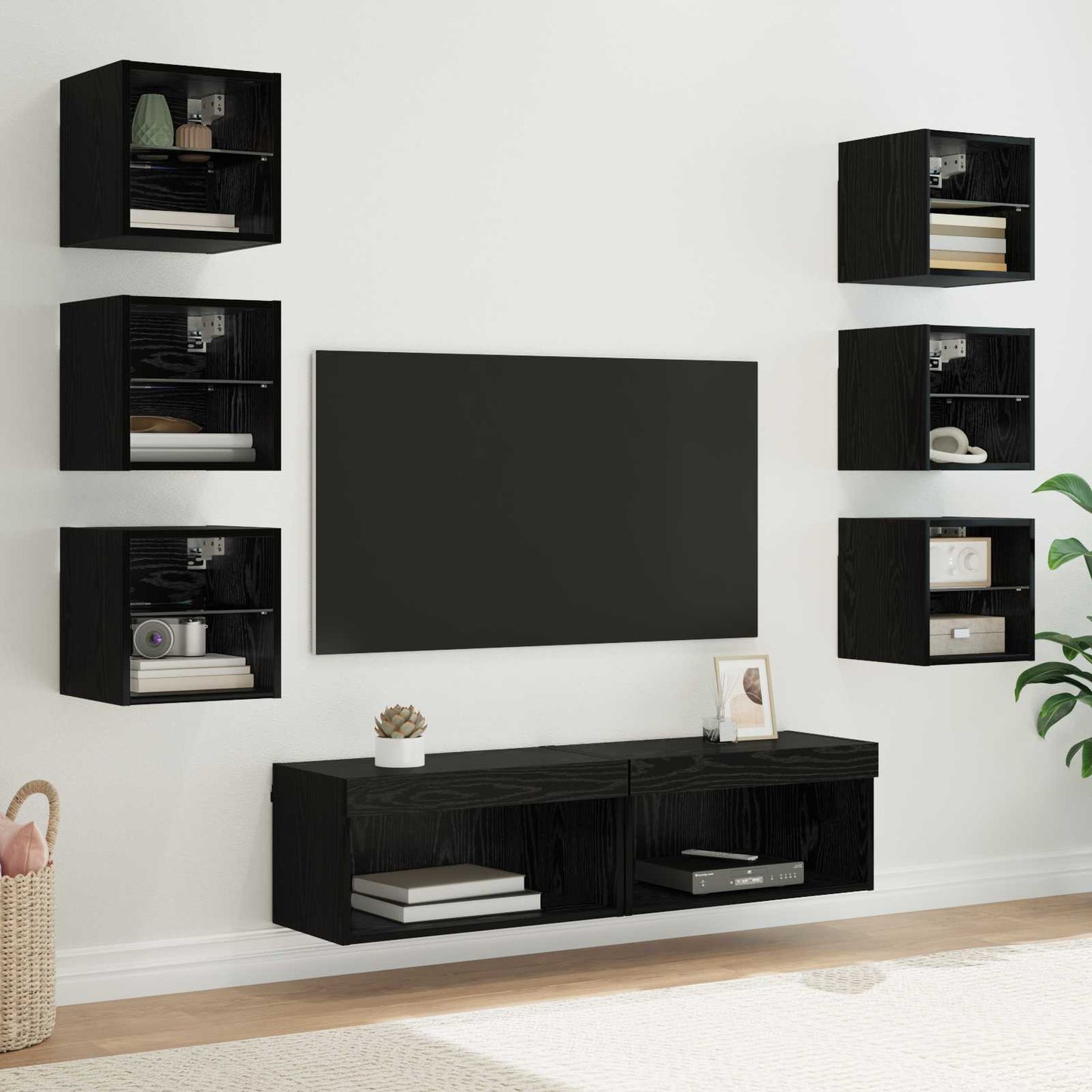 vidaXL Meuble TV avec bandes LED 8 pcs Noir finition chêne Verre