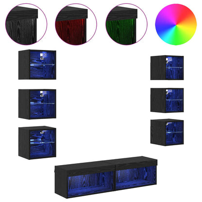 vidaXL Meuble TV avec bandes LED 8 pcs Noir finition chêne Verre
