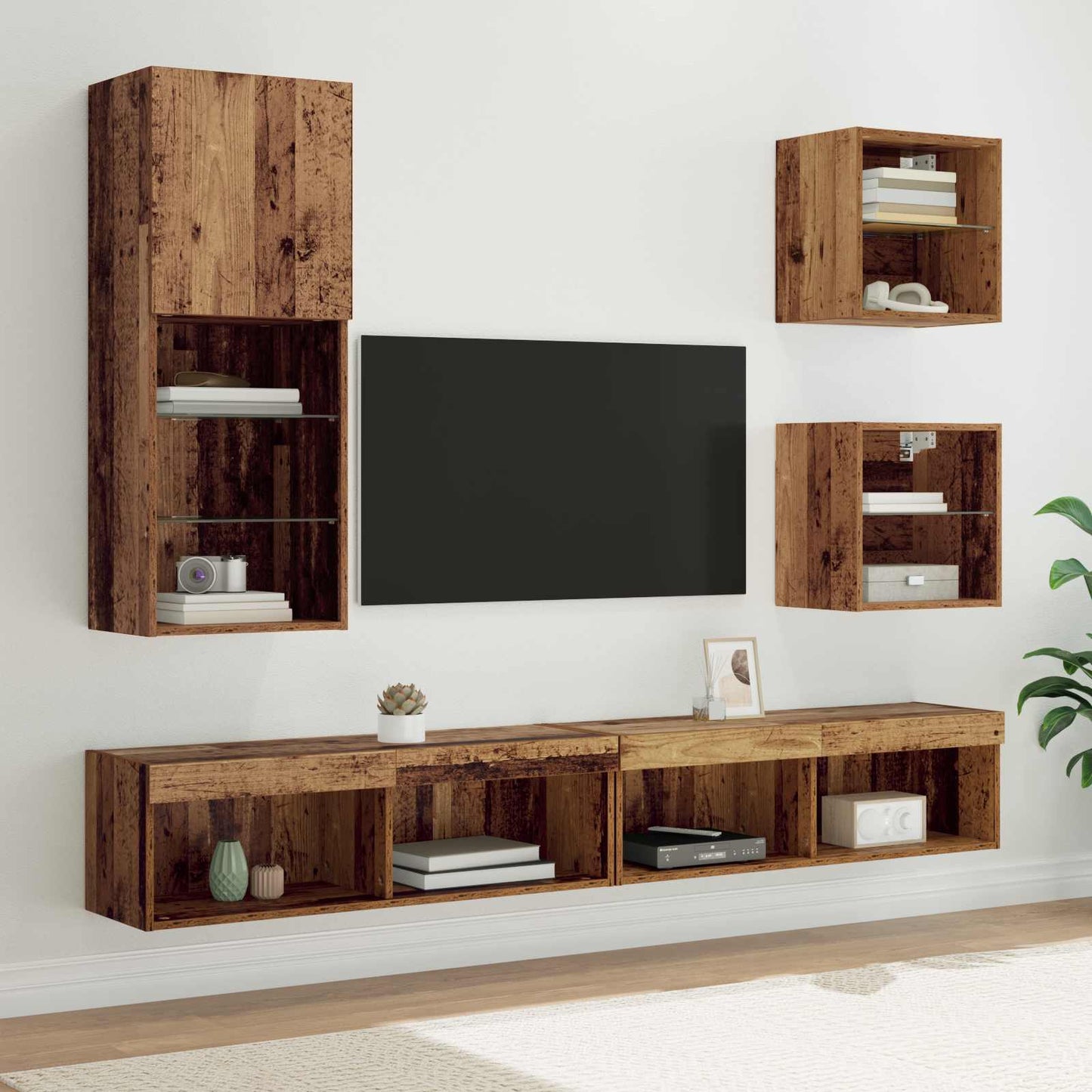 vidaXL TV Wand Einheiten mit LED 5 pcs Altholz Holzwerkstoff