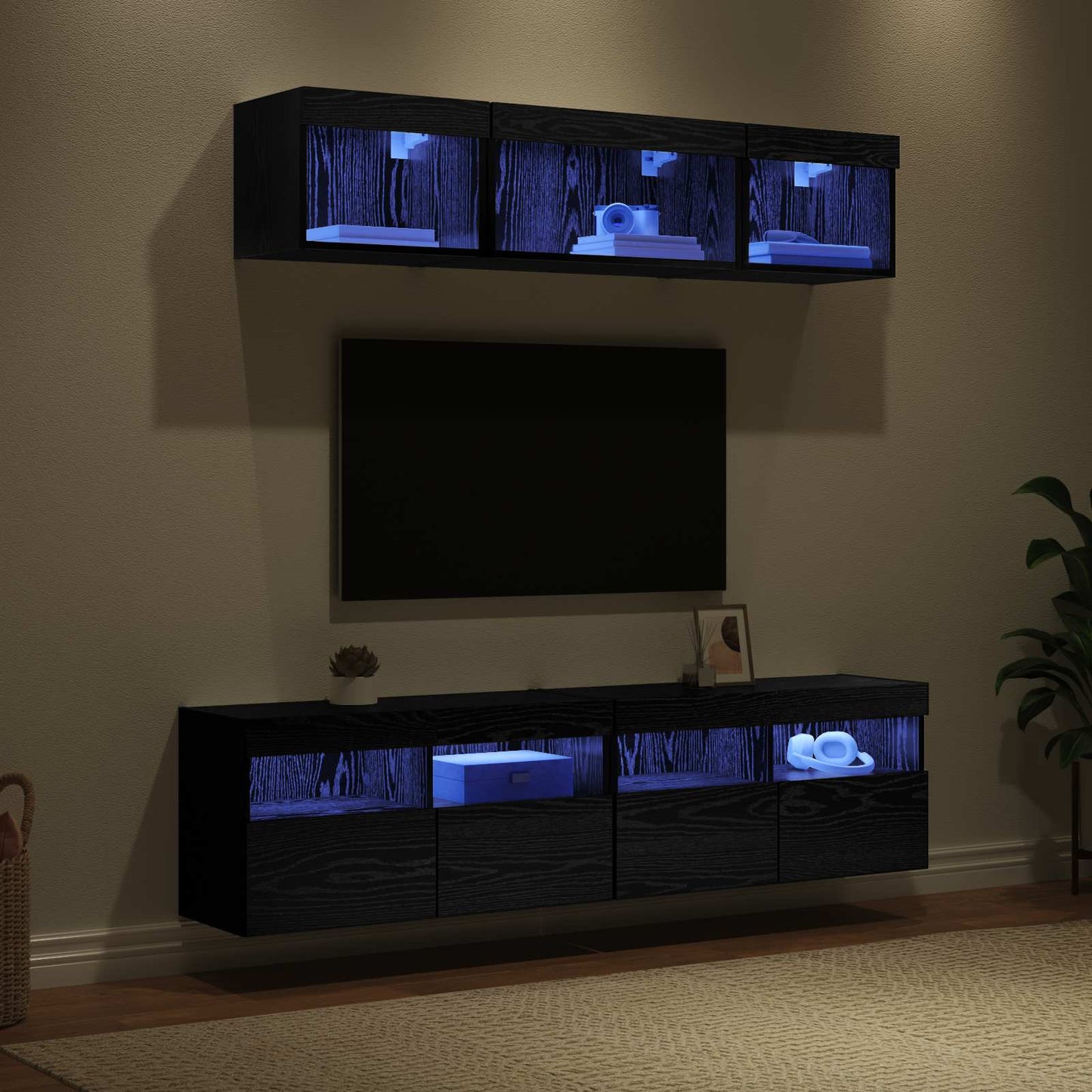 TV Wand Einheiten mit LED 5 Stück Schwarz Eichen-Optik 80 x 30 x 40 cm