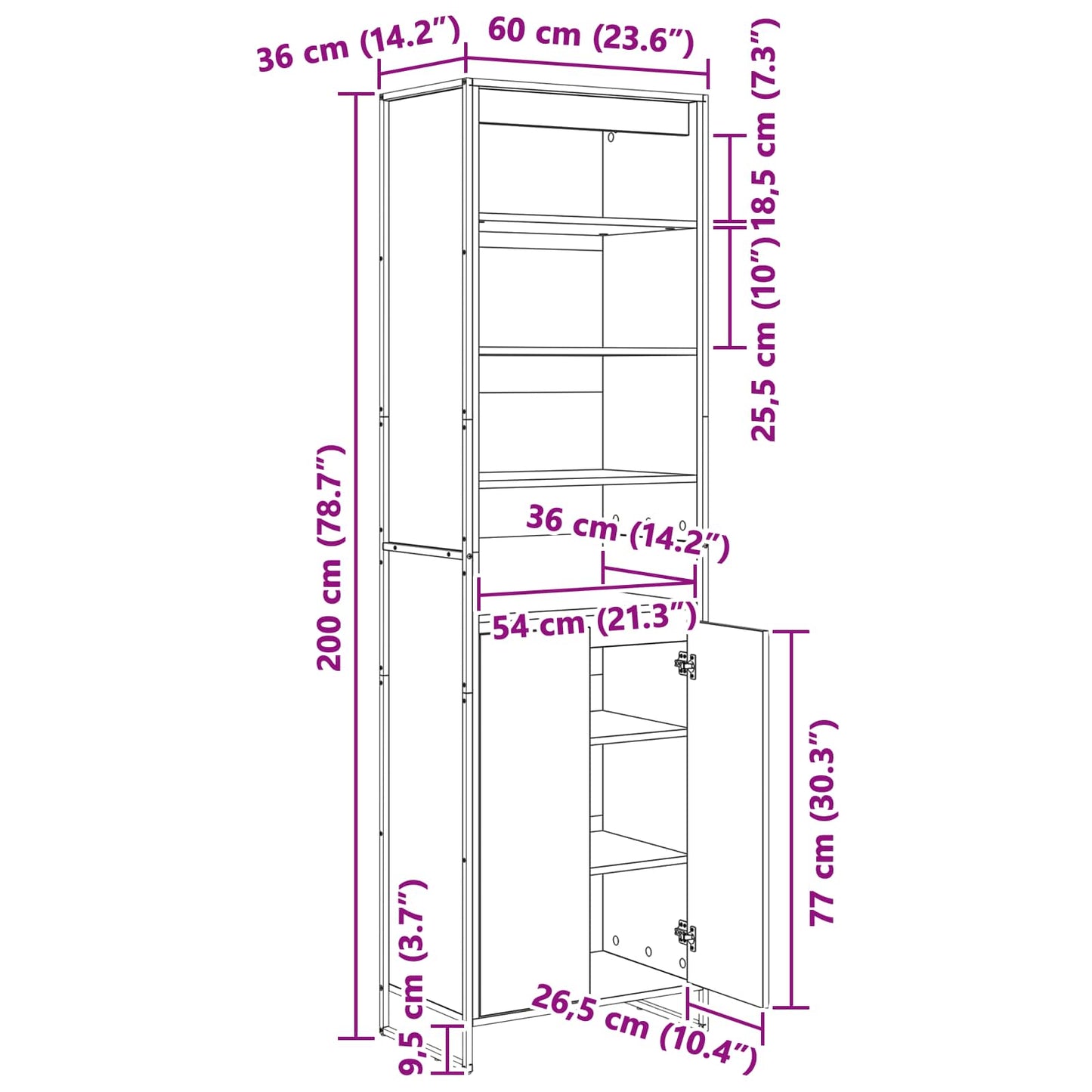 vidaXL Hohe Schränke 2 pcs Schwarz Eichen-Optik 60 x 36 x 200 cm