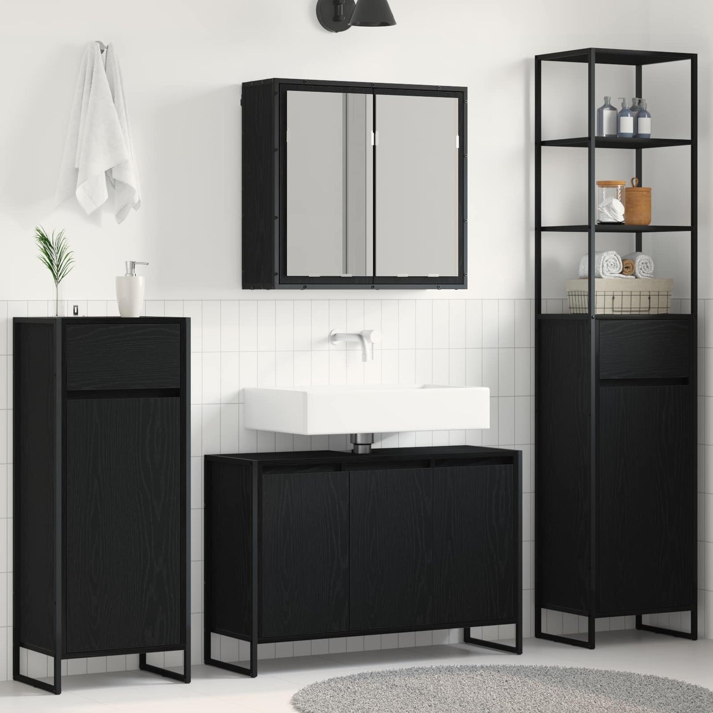vidaXL Badezimmermöbel-Set mit Tür Schwarz Eichen-Optik Holzwerkstoff