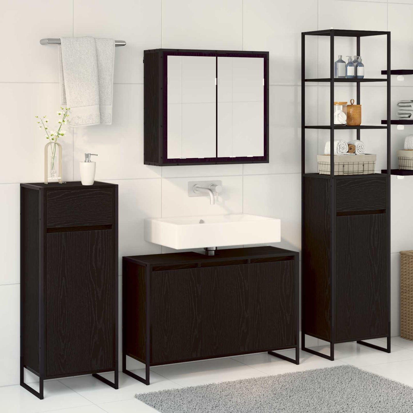 vidaXL Badezimmermöbel-Set mit Tür Schwarz Eichen-Optik Holzwerkstoff