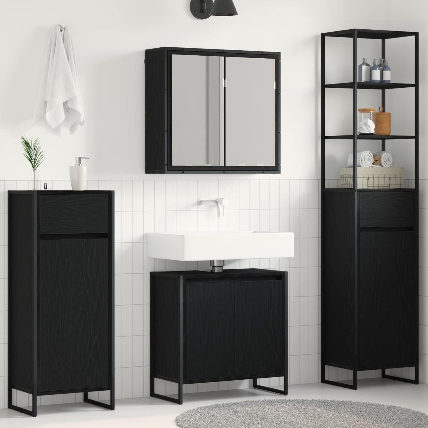 vidaXL Badezimmermöbel-Set mit Tür Schwarz Eichen-Optik Holzwerkstoff