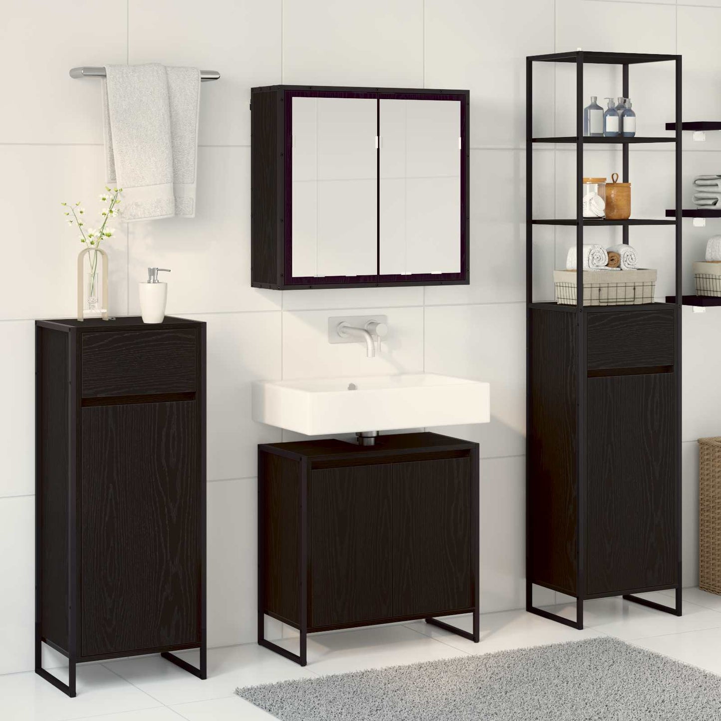 vidaXL Badezimmermöbel-Set mit Tür Schwarz Eichen-Optik Holzwerkstoff