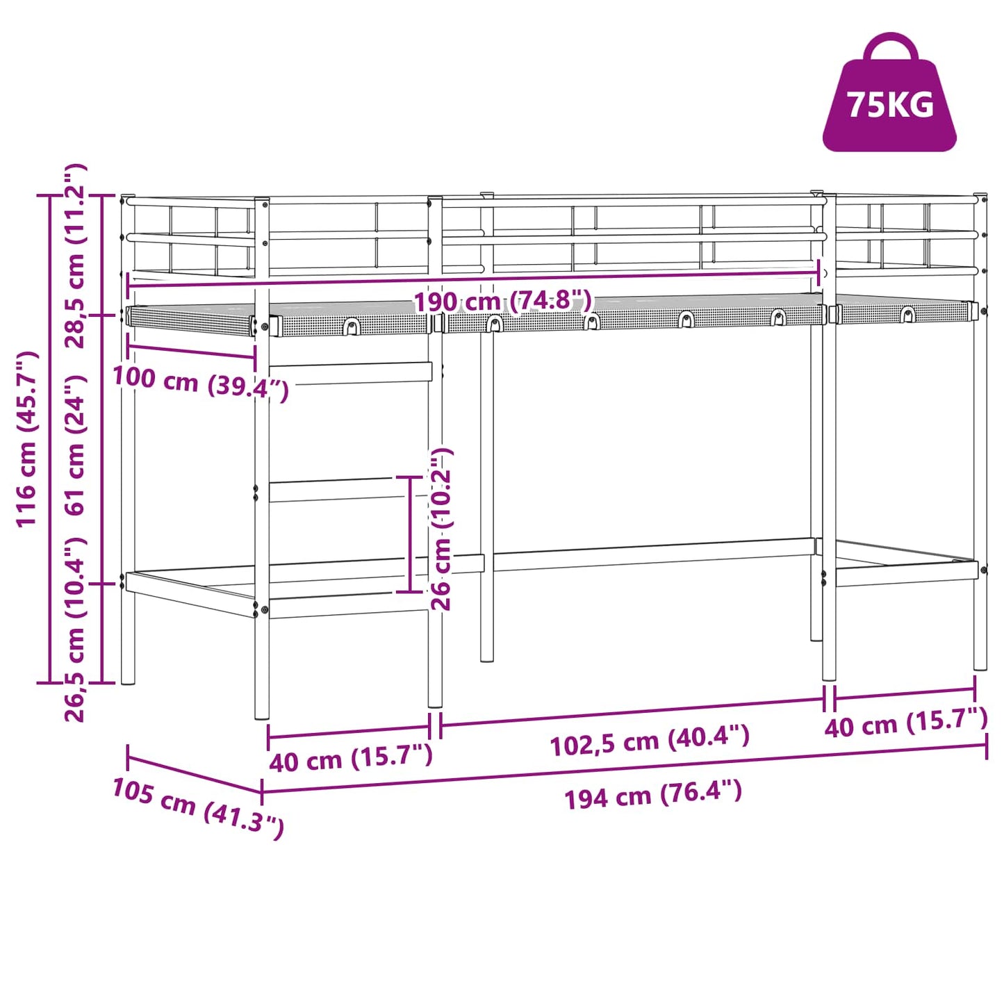vidaXL Kinderloftbett Weiß 99,5 x 190 cm Stahl