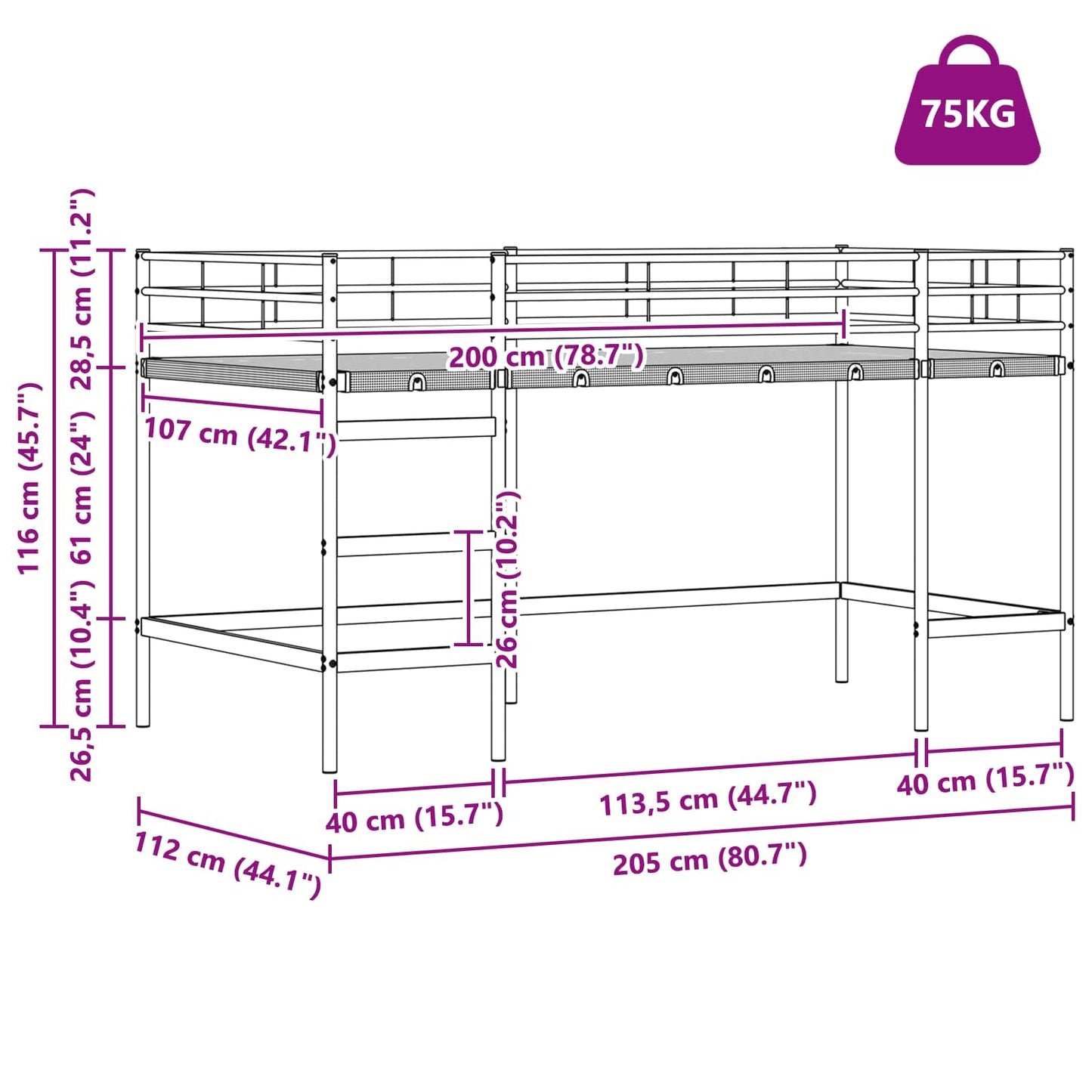 vidaXL Kinderloftbett Weiß 107 x 200 cm Stahl