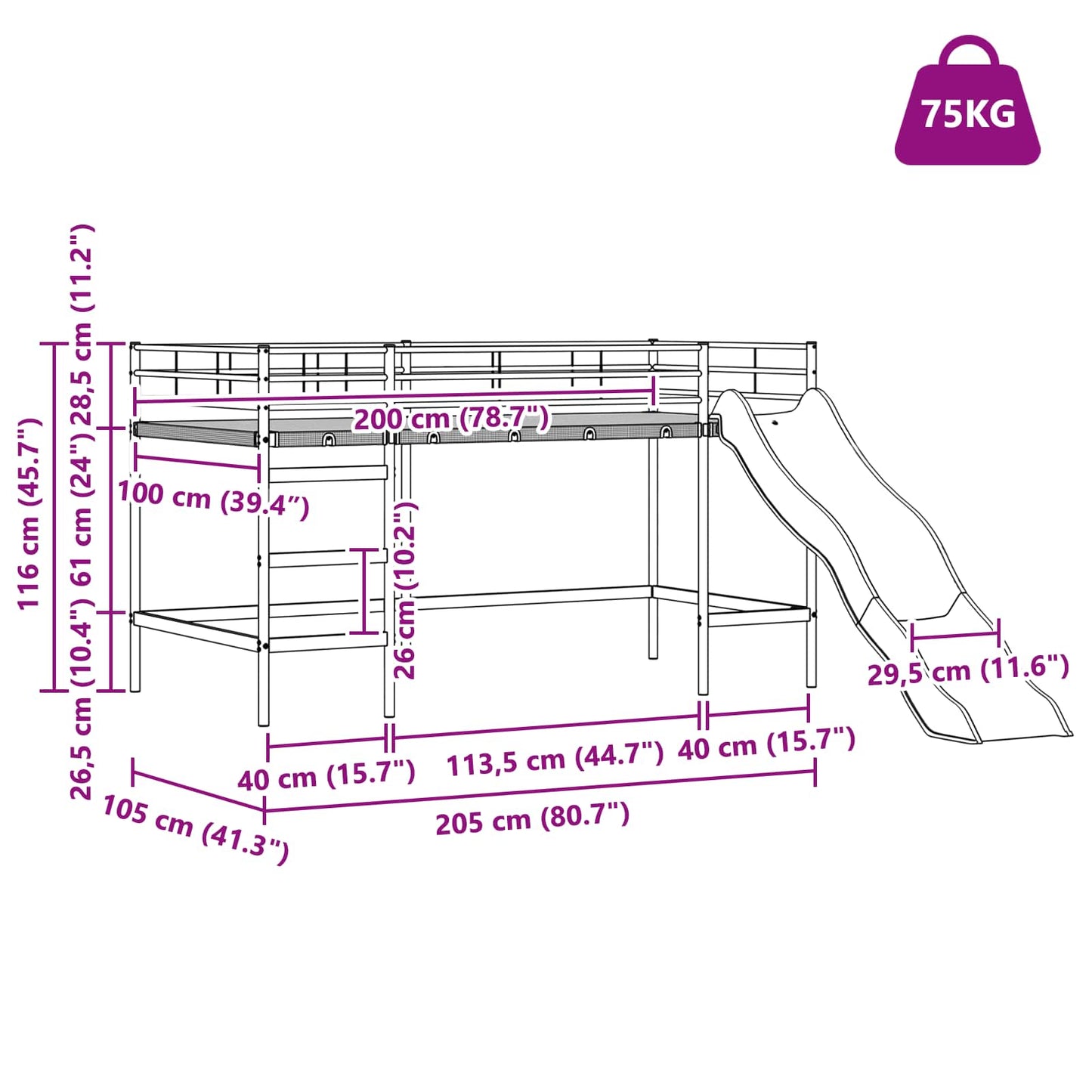 vidaXL Kinder-Loftbett mit Rutsche Weiß und Anthrazit 99,5 x 200 cm