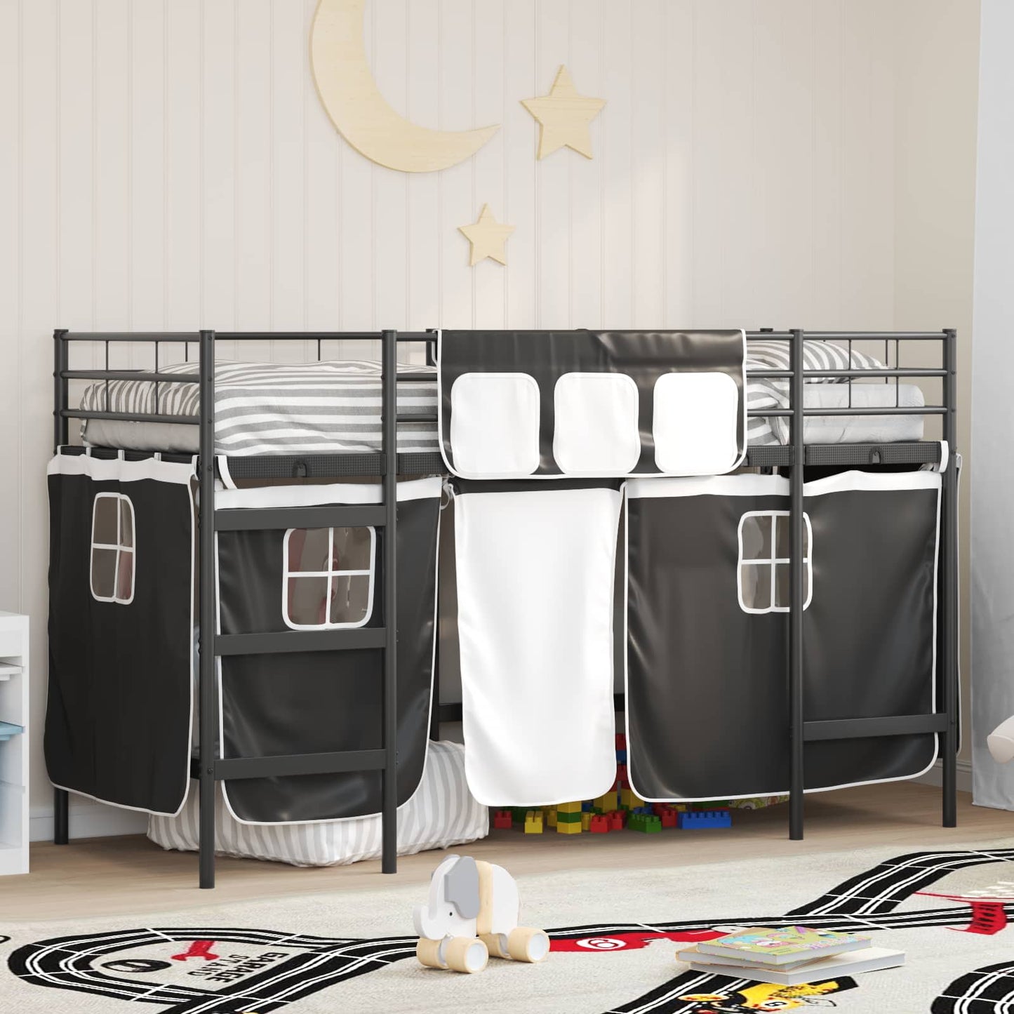 vidaXL Kinder Loft Bettgestell mit Vorhängen Schwarz 74,5 x 190 cm
