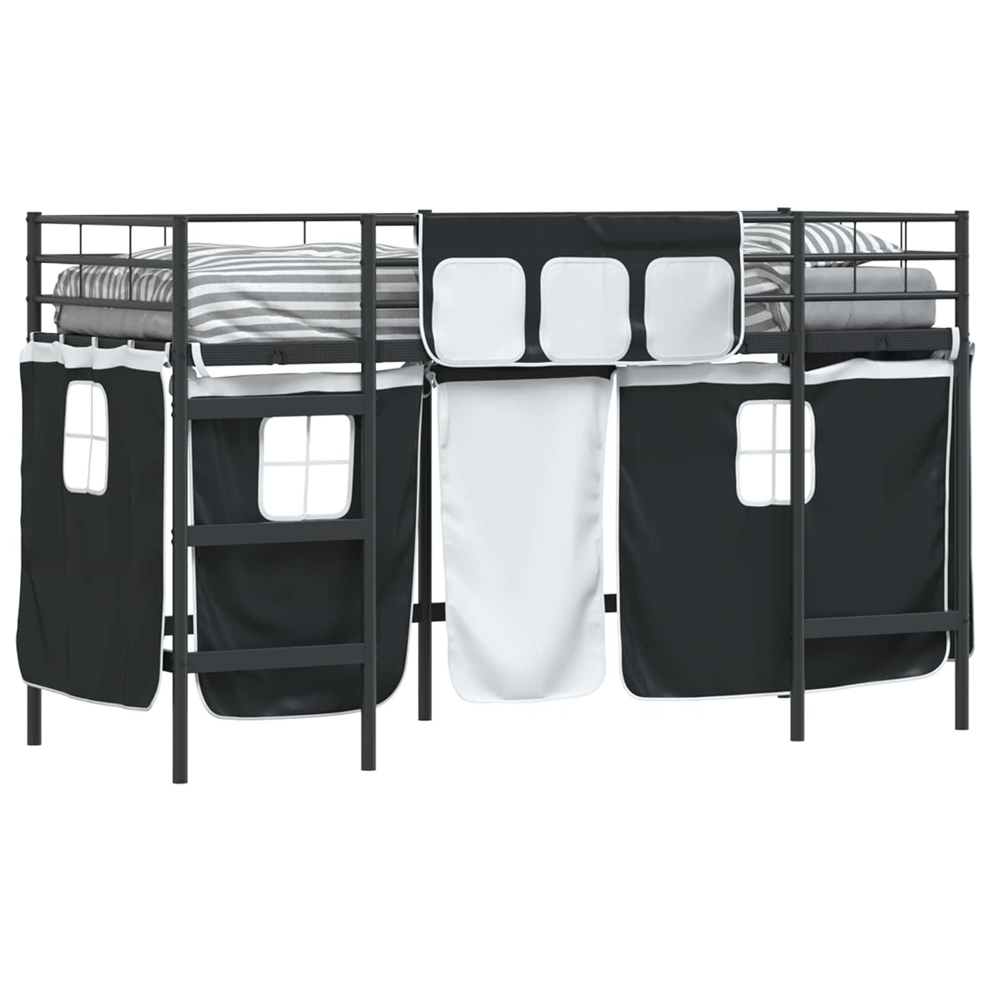 vidaXL Kinder Loft Bettgestell mit Vorhängen Schwarz 74,5 x 190 cm