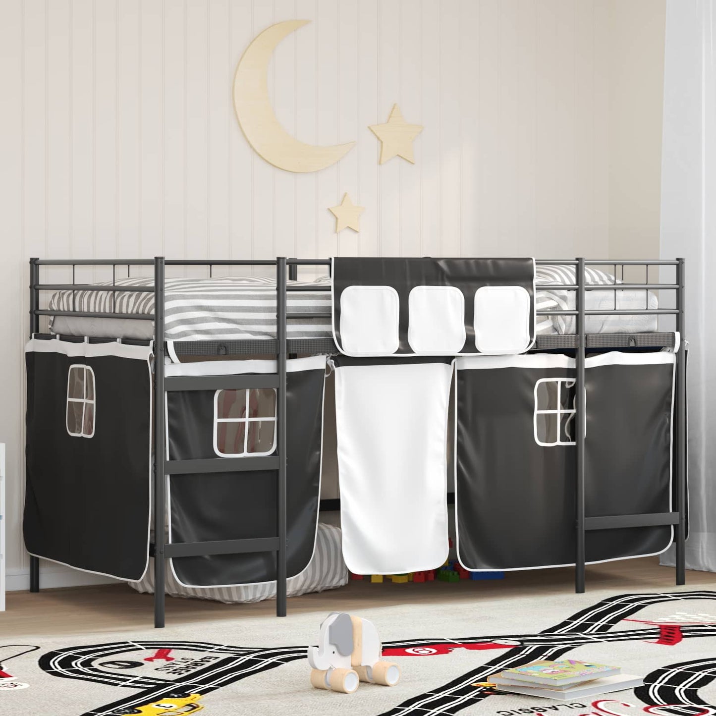 vidaXL Kinder Loft Bettgestell mit Vorhängen Schwarz 79,5 x 200 cm