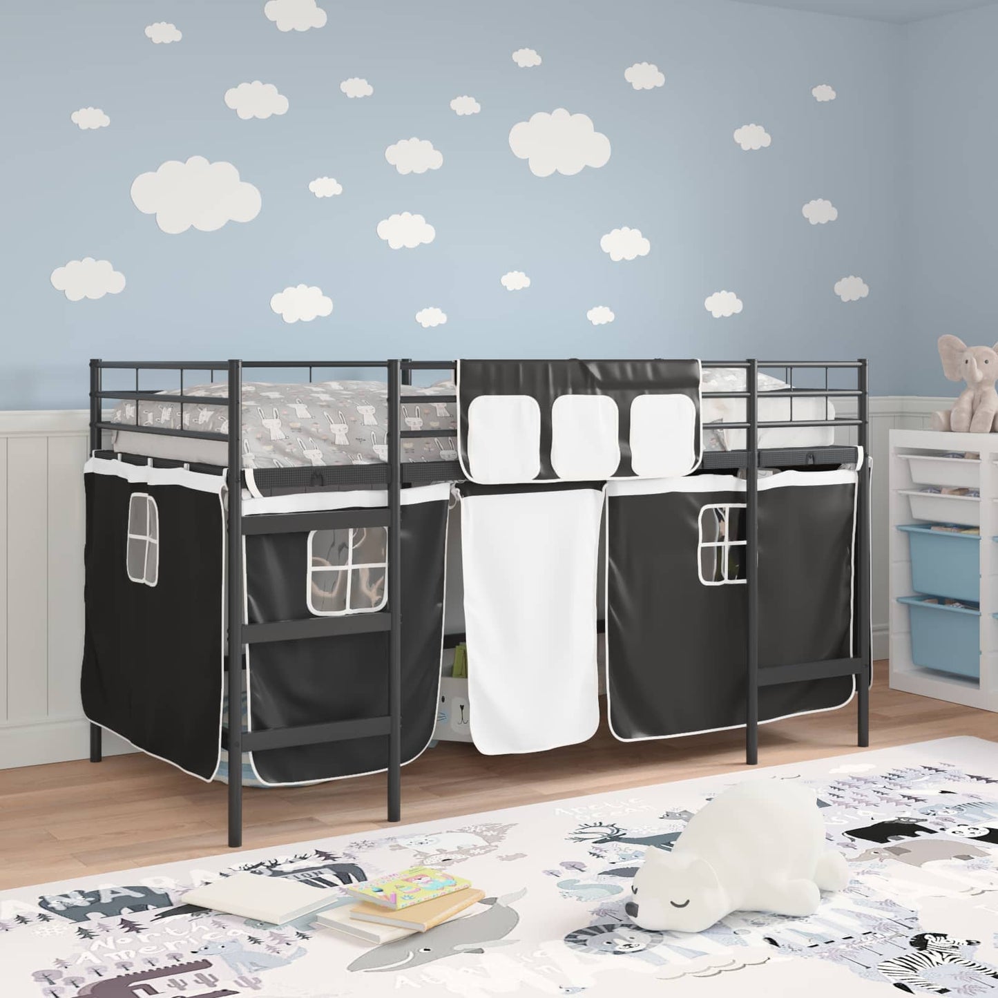 vidaXL Kinder Loft Bettgestell mit Vorhängen Schwarz 79,5 x 200 cm