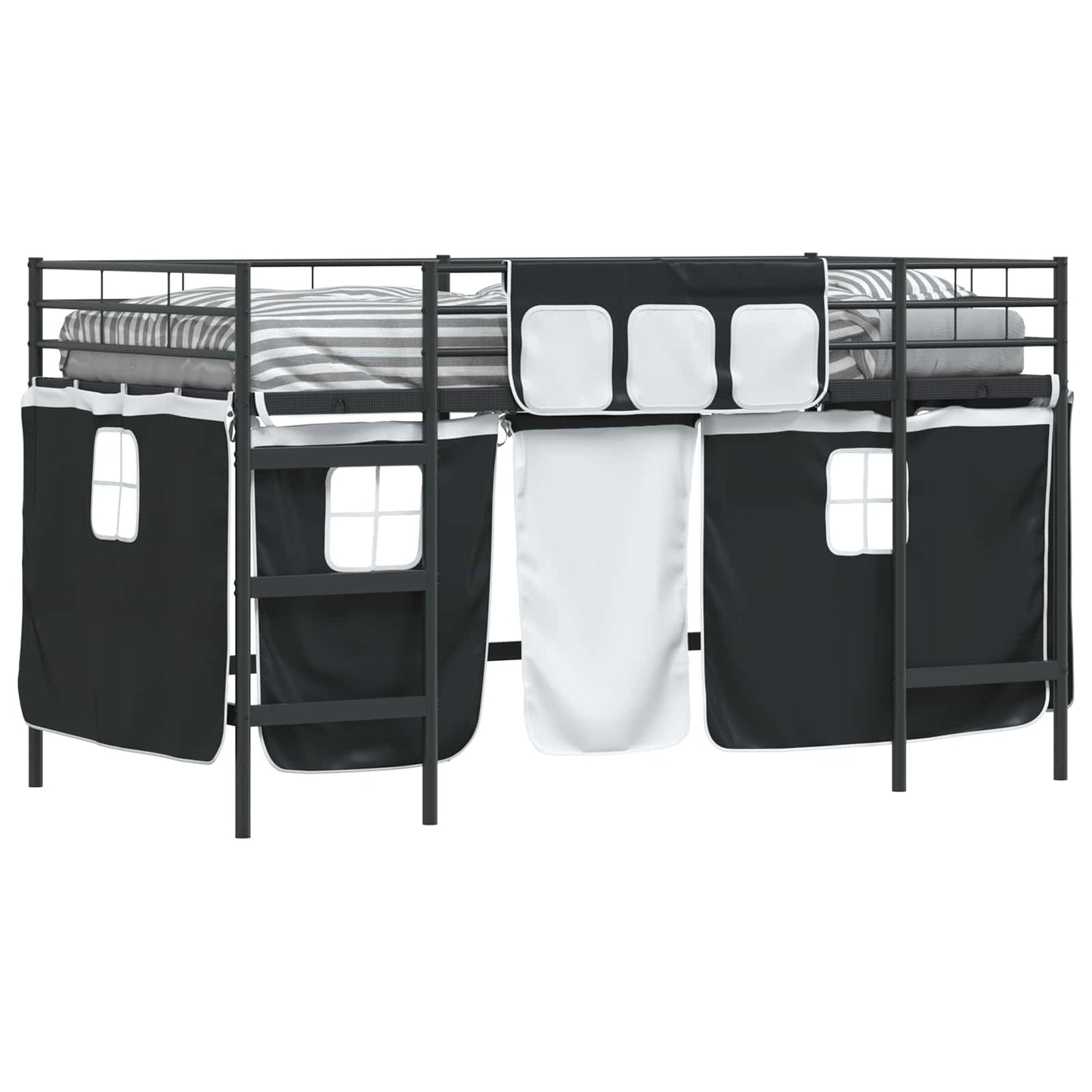 vidaXL Kinder Loft Bettgestell mit Vorhängen Schwarz 79,5 x 200 cm