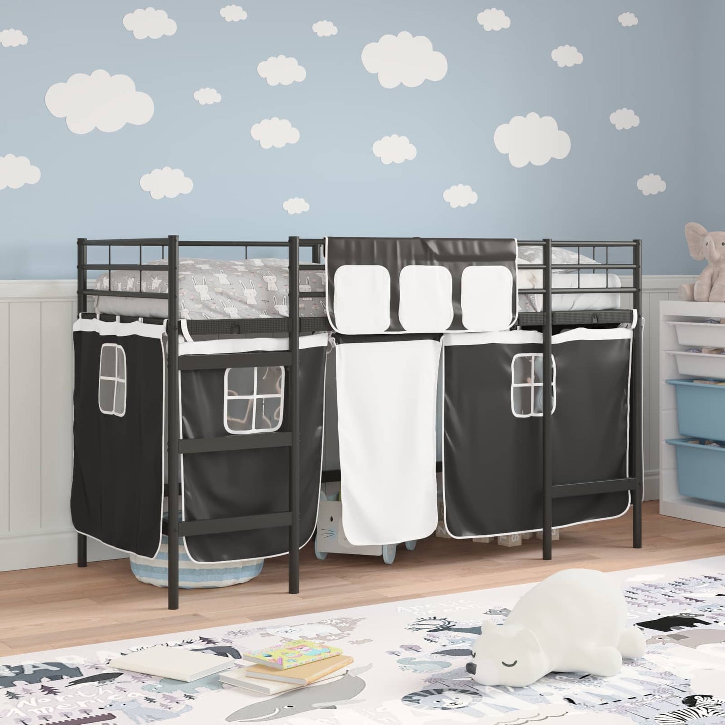 vidaXL Kinder Loft Bettgestell mit Vorhängen Schwarz 99,5 x 190 cm