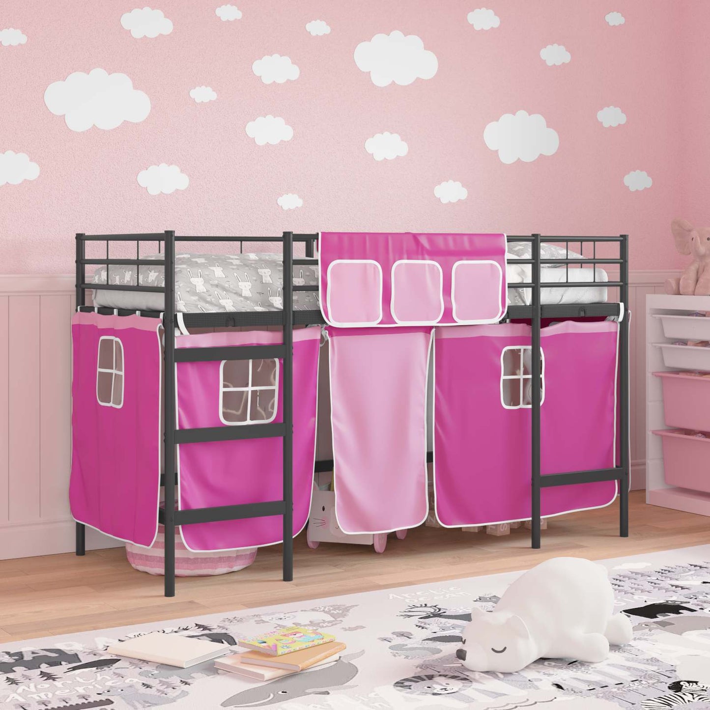 vidaXL Kinder Loft Bettgestell mit Vorhängen Schwarz und Pink