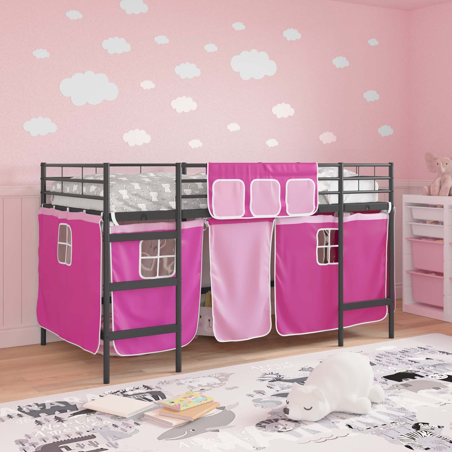 vidaXL Lit mezzanine pour enfant avec rideaux Noir et rose