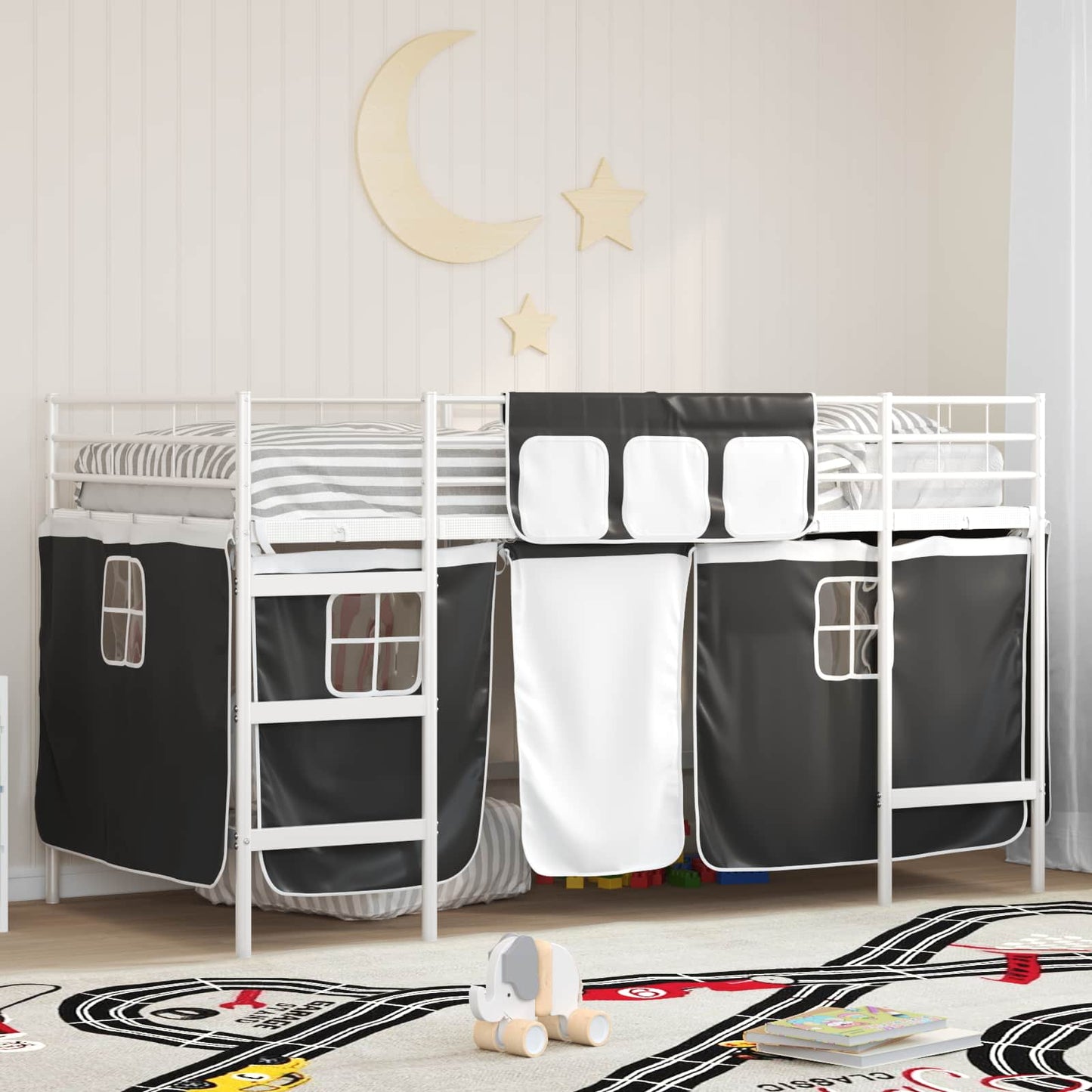 vidaXL Kinder Loft Bettgestell mit Vorhängen Weiß und Schwarz