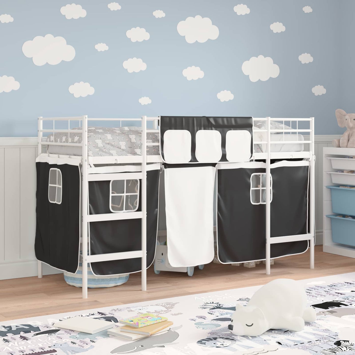 vidaXL Kinder Loft Bettgestell mit Vorhängen Weiß und Schwarz
