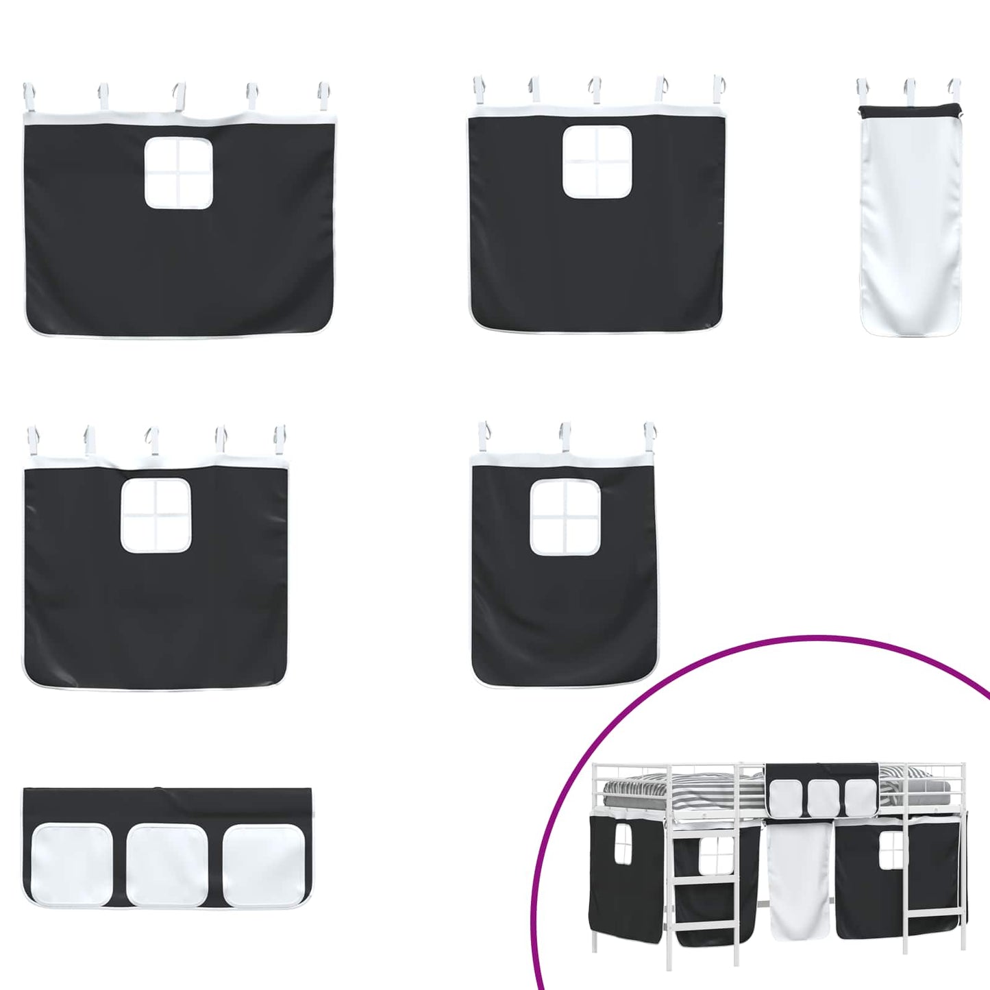 Kinder Loft Bettgestell mit Vorhängen Weiß und Schwarz