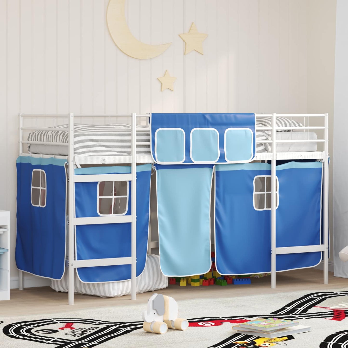 vidaXL Kinder Loft Bettgestell mit Vorhängen Weiß und Blau 75 x 190 cm