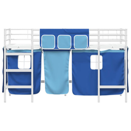 vidaXL Kinder Loft Bettgestell mit Vorhängen Weiß und Blau 75 x 190 cm