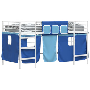 vidaXL Kinder Loft Bettgestell mit Vorhängen Weiß und Blau 90 x 200 cm