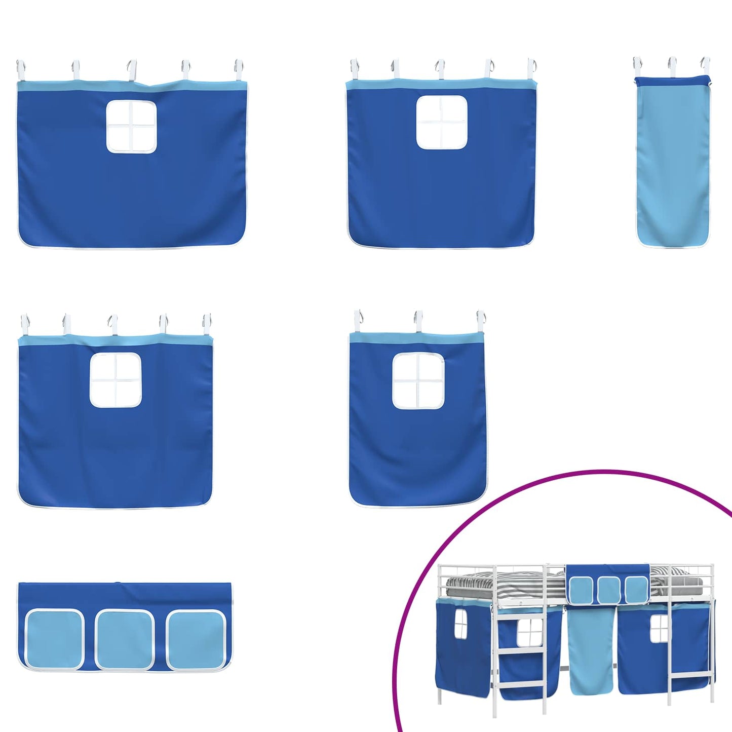 Kinder Loft Bettgestell mit Vorhängen Weiß und Blau