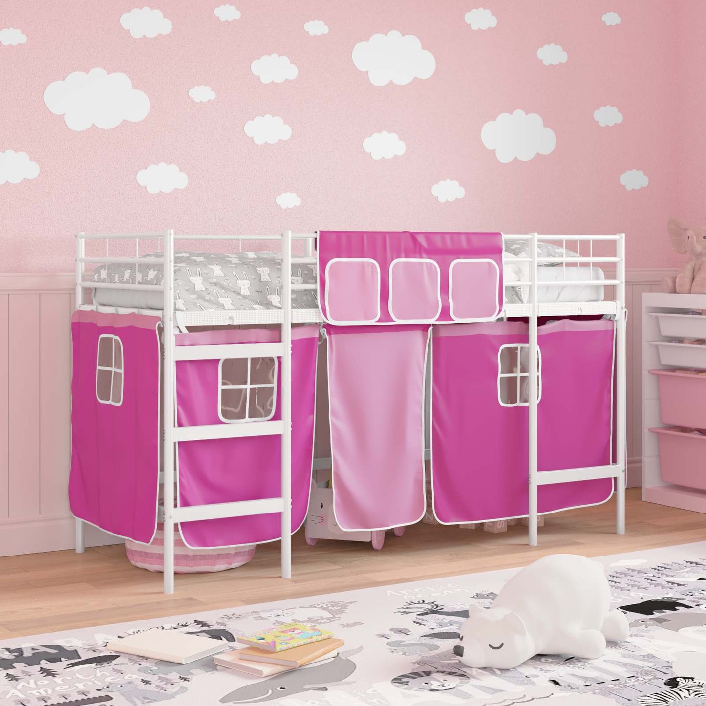vidaXL Kinder Loft Bettgestell mit Vorhängen Weiß und Rosa 90 x 190 cm