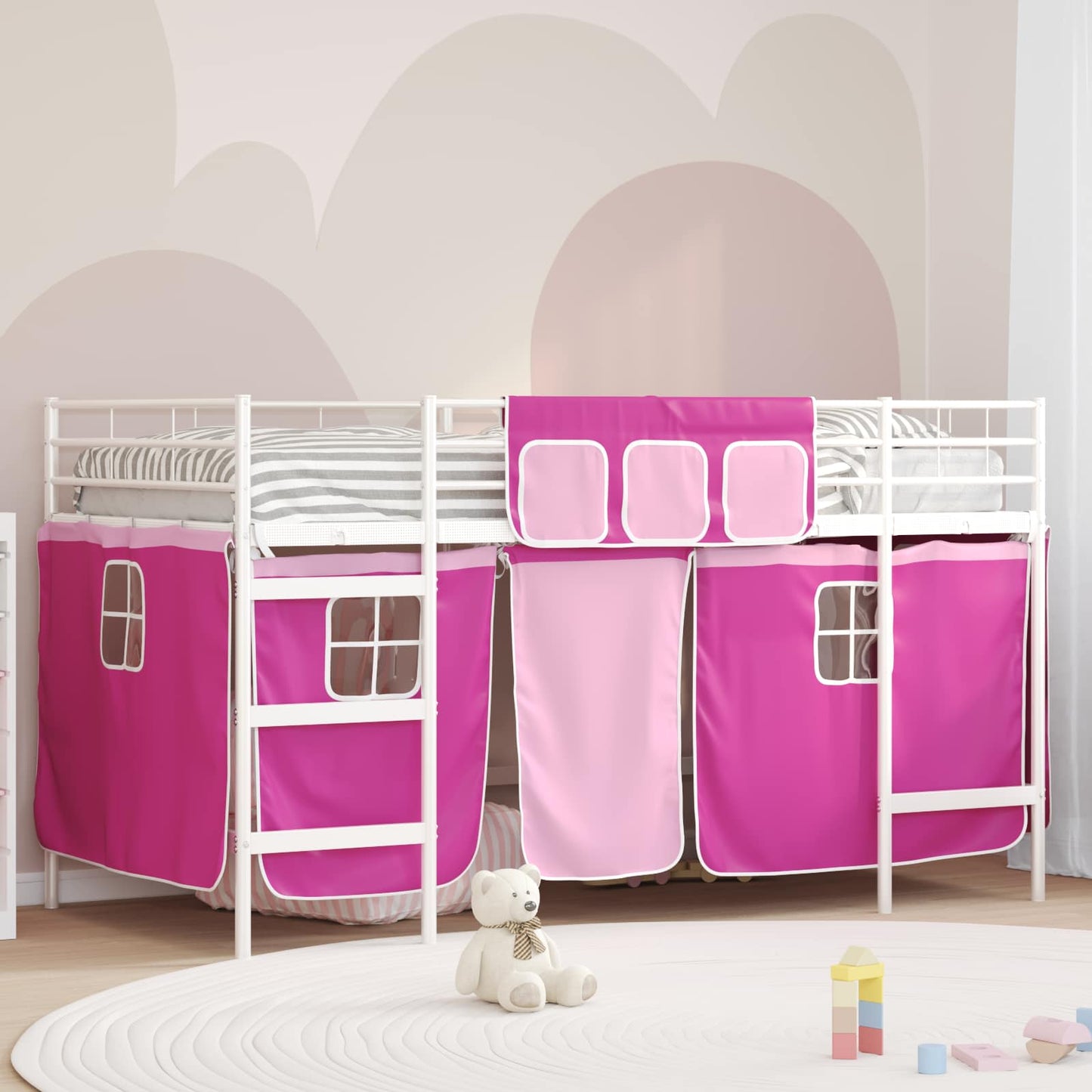 vidaXL Kinder Loft Bettgestell mit Vorhängen Weiß und Rosa 90 x 200 cm
