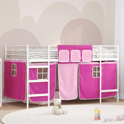 vidaXL Kinder Loft Bettgestell mit Vorhängen Weiß und Rosa 90 x 200 cm