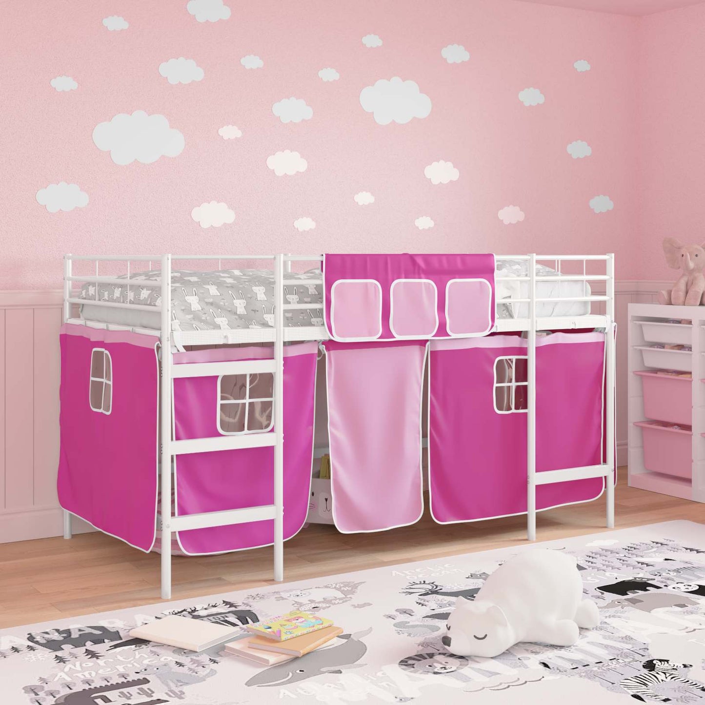 vidaXL Kinder Loft Bettgestell mit Vorhängen Weiß und Rosa 90 x 200 cm