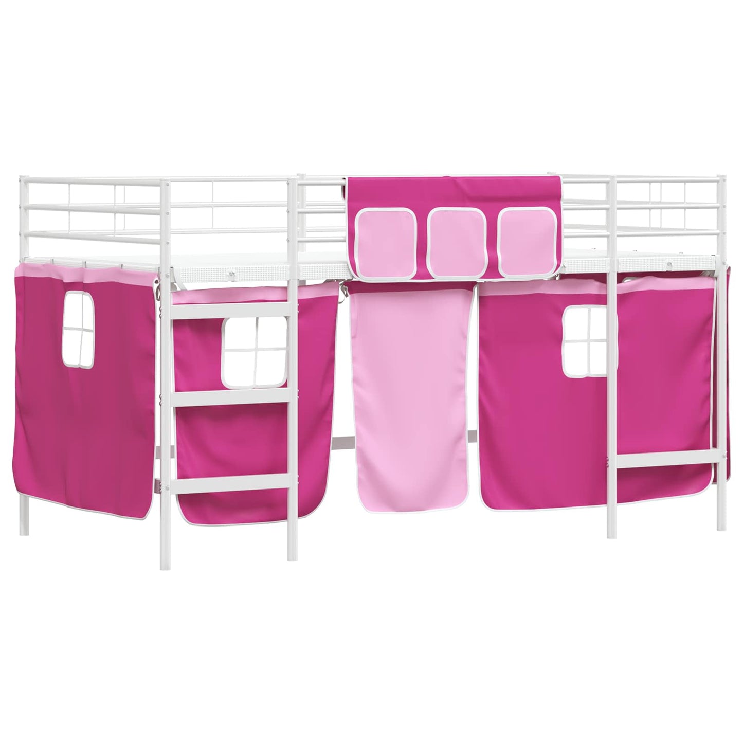 vidaXL Kinder Loft Bettgestell mit Vorhängen Weiß und Rosa 90 x 200 cm