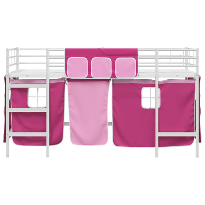 vidaXL Kinder Loft Bettgestell mit Vorhängen Weiß und Rosa 90 x 200 cm