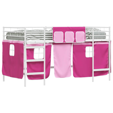 vidaXL Kinder Loft Bettgestell mit Vorhängen Weiß und Rosa