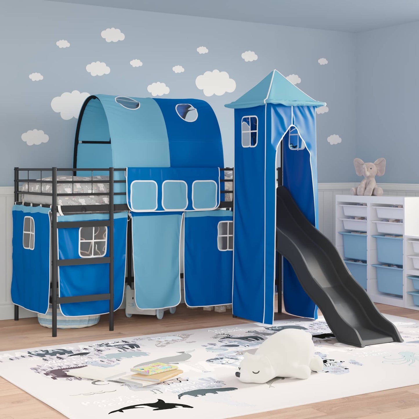 Kinderloftbett Schwarz und Blau 90 x 190 cm Metall
