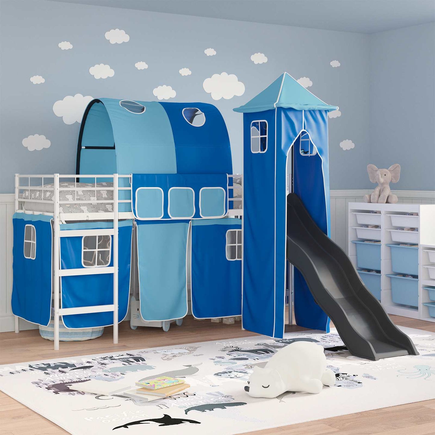 vidaXL Kinderloftbett Weiß und Blau 74,5 x 190 cm Metall