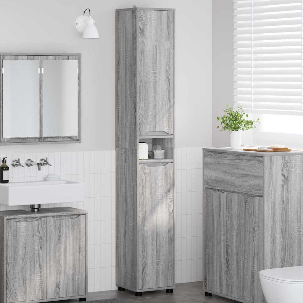 vidaXL Meuble de salle de bain avec étagère, Gris Sonoma, 30,5 x 30 x 195 cm